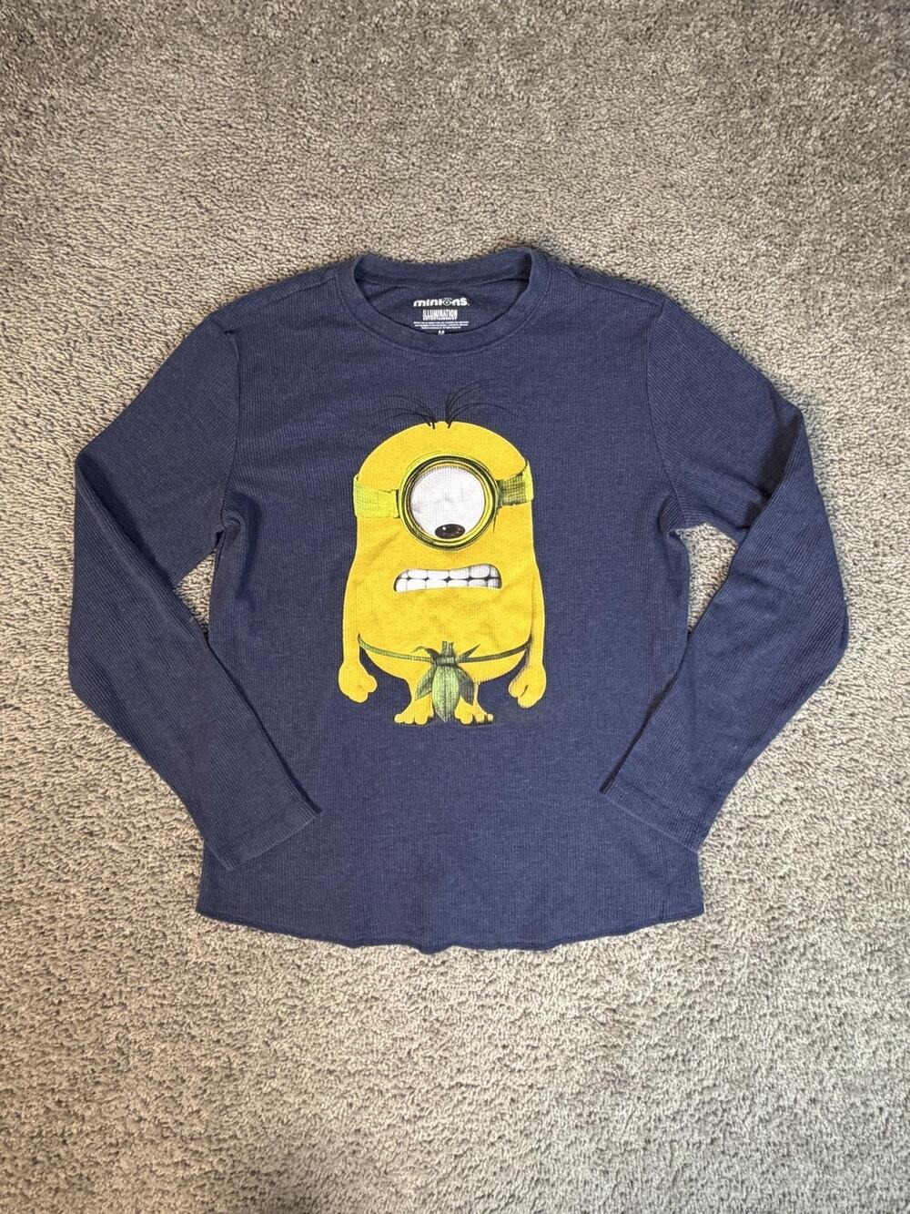 Minions Shirt Mens M Blue Long Sleeve Thermal Crew Neck Graphic Cotton Polyester